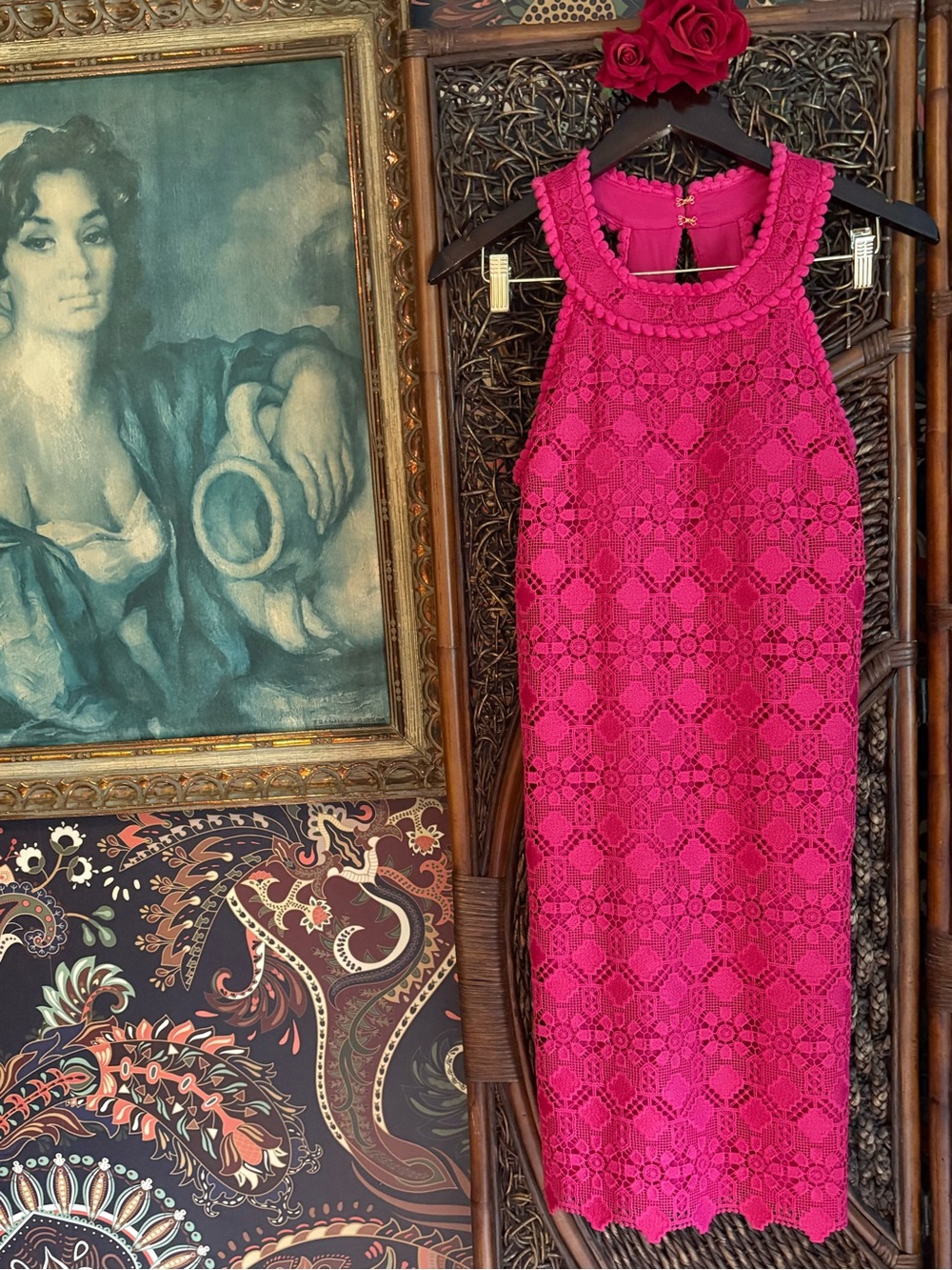 Trina Turk Hot Pink Lace Halter Sheath Dress
